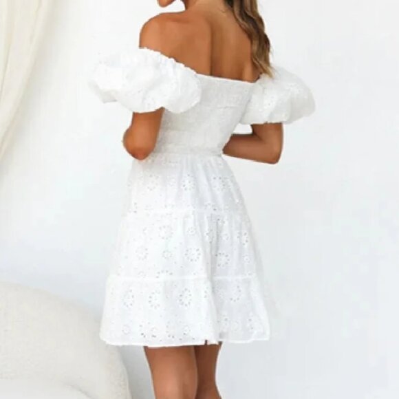 Women White Embroidery Hollow Out Hole Flower Short Puff Sleeve Mini Dress - Picture 2 of 16